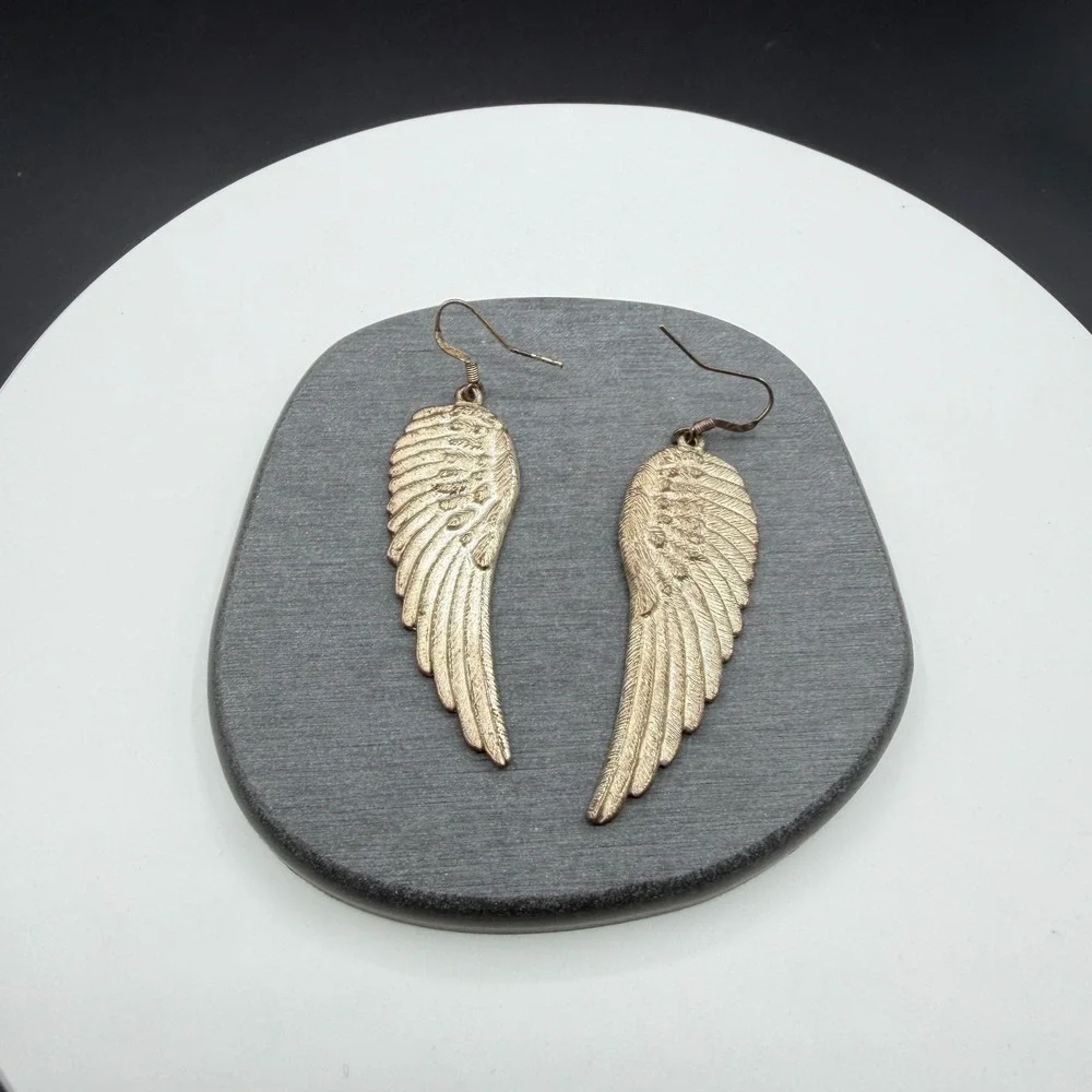 Gold Tone Angel Wing Feather Long Dangle Drop Earrings Boho Statement Jewelry